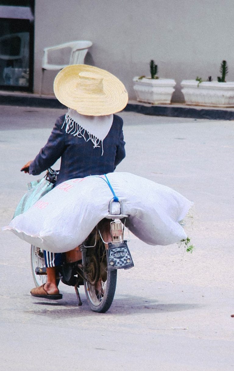 A person wearing a straw hat rides a motorcycle transporting large bags on a sunny day.